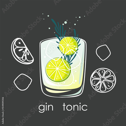Gin and tonic cocktail with lime slices. Summer drink on dark background. Vector illustration