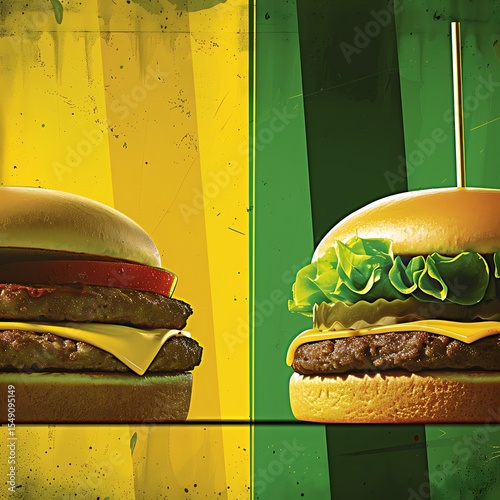 Delicious burger composition on yellow and green background with artistic representation photo