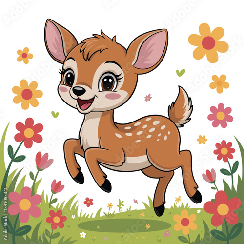 Cute Brown Fawn Leaping Joyfully Through Green Grass and Colorful Flowers Cartoon Illustration deer baby deer