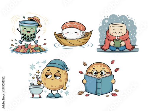 Cute Food and Moon Characters Cartoon Illustration Set Autumn Winter Themes Boba Sushi Marshmallow Cookie Reading Tea