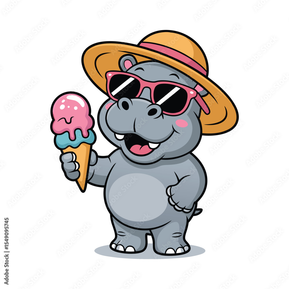 Fototapeta premium Cute Gray Hippopotamus Wearing Sunglasses and Summer Hat Holding Ice Cream Cone Cartoon Illustration