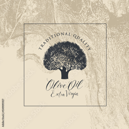 Vector label or logo design for olives or olive oil with old olive tree, frame and elegant calligraphic lettering in retro style. Packaging, sticker, banner. No AI used