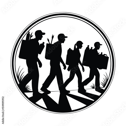 Four Silhouettes Walking Carrying Backpacks Boxes Bottles Black and White Circular Design people figures