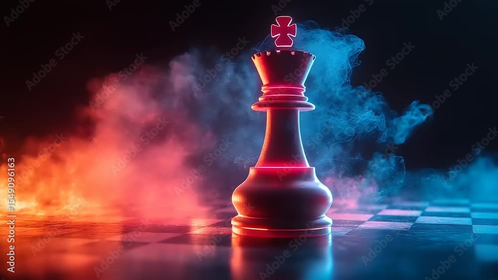 Illuminated chess queen on a checkered board with vibrant smoke