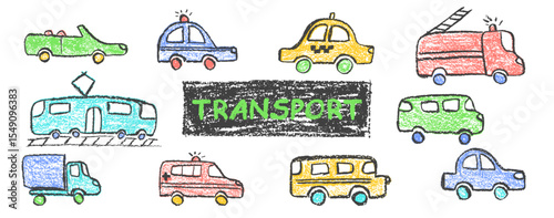 Colorful vector set of crayon drawn vehicles including police, passenger car, ambulance, fire truck, taxi and train. Wax pastel squiggles with charcoal texture for nursery kindergarten education style