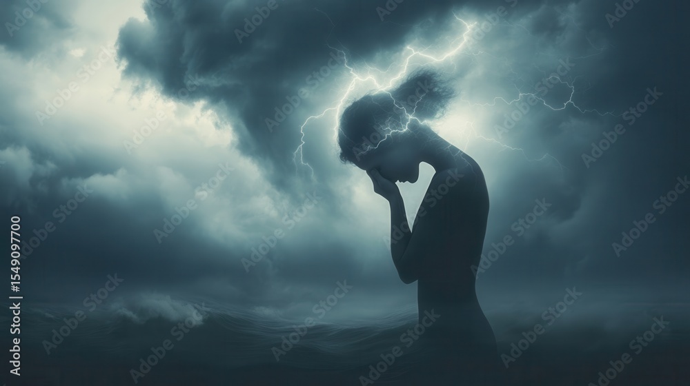 Fototapeta premium Surreal image of a woman covering her face with her hands, experiencing a mental breakdown, with lightning over her head symbolizing her inner turmoil