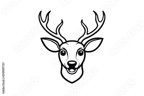 Black outline of a deer's face and antlers looks forward on white