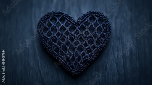Dark blue heart shaped lace ornament on a dark wood background texture