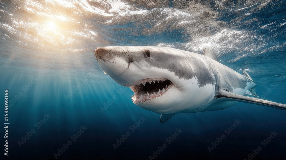 Fototapeta premium Underwater portrait of a powerful great white shark swimming in deep ocean with sunlight rays