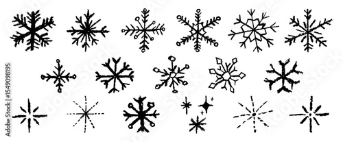 Christmas snowflake set with wax black crayon or charcoal texture. Quirky chalkboard style, perfect for kindergarten Xmas crafts, cards and holiday designs. Vector illustration drawn as if by a child