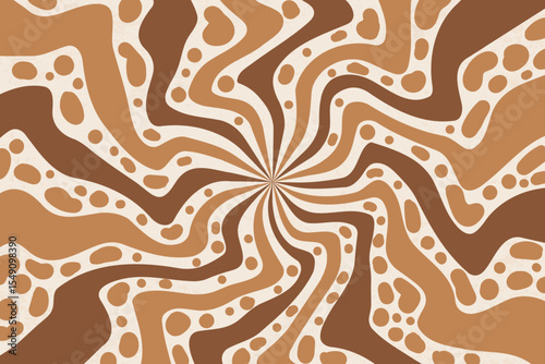 Caramel and chocolate pattern background. Swirl peanut butter. Creamy milk wavy syrup. Abstract groovy spiral stripes of sweet with retro deign. Vector
