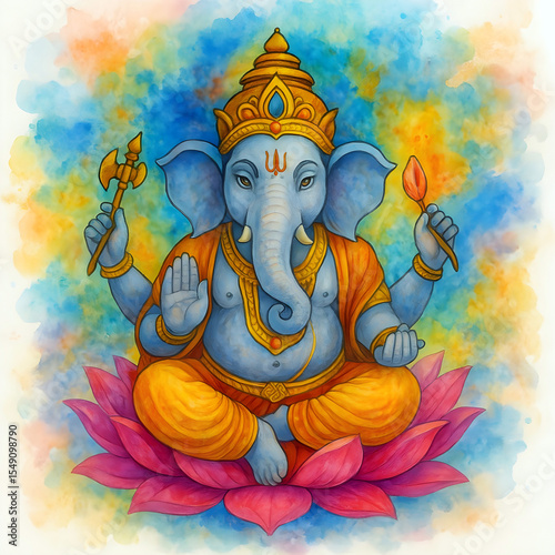 Lord Ganesha sitting on lotus flower, digital watercolor style, vibrant and spiritual aesthetic. Ganesha drawing.