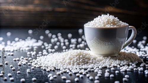 Fine white granules of sorbitol sweetener scattered on a dark background