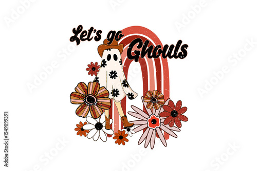 Let's go ghouls with a cowboy ghost surrounded by flowers Halloween Sublimation Design