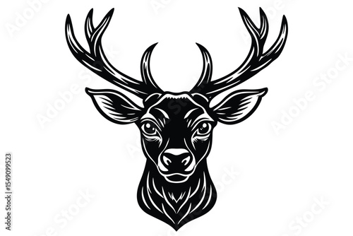 A black and white stylized deer head presents elegantly with elaborate antlers design