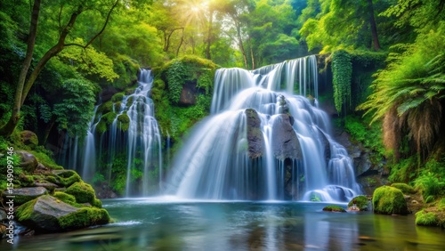 Waterfall cascading gracefully in the midst of a lush forest