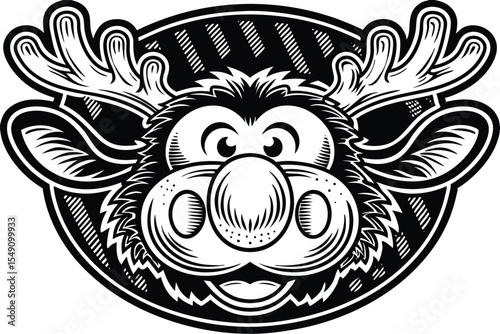 Cartoonish moose displays bold line work and is set in stark black and white