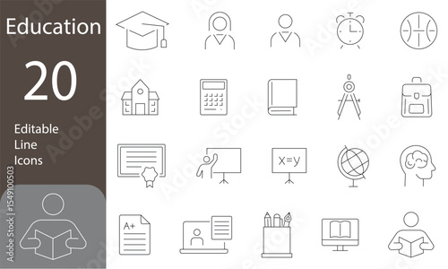 Education Editable Line Icons Set. school subjects, supplies, and online learning. Vector illustration