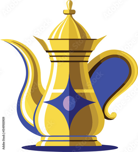 Vintage gold porcelain teapot vector illustration with a matching ceramic cup, ideal for a hot tea or coffee beverage set