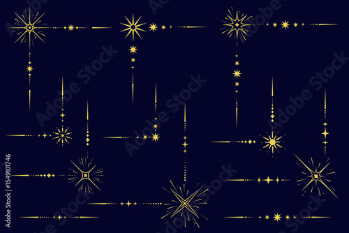 Celestial magic borders. Mystic ornament with sun and stars. Astrology corner element and elegant divider with spiritual symbols. Vector vintage decorations with esoteric signs.