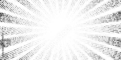 Dotted comic background with halftone pattern and radial rays. Pop art sunburst bg. Abstract manga vector backdrop.