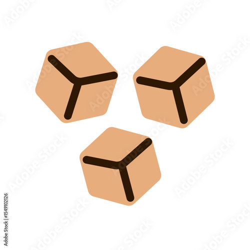 Three brown sugar cubes with stylized edges isolated on white background. Flat vector food illustration.