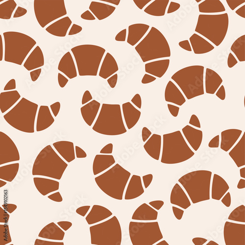 Seamless pattern with repeating croissant silhouettes in brown on light beige background. Flat vector bakery illustration.