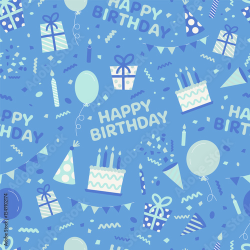 Seamless pattern with birthday cakes, balloons, candles, confetti, gift boxes, party hats and “Happy Birthday” text on blue background.