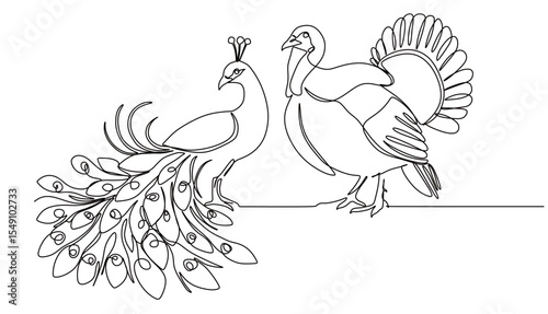 continuous one line drawing of a peacock and a turkey