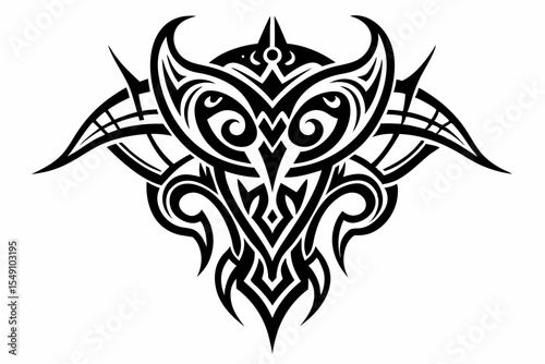 Stylized black tribal tattoo design featuring sharp curves, pointed edges, and an abstract flame-like form. This bold and symmetrical vector graphic is ideal for tattoo templates,