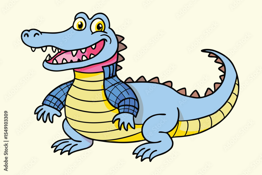 Obraz premium A cheerful light blue cartoon alligator smiles broadly, revealing its pink mouth and sharp teeth