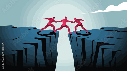 three people collaborating to bridge a gap, symbolizing teamwork, unity, problem-solving, support, partnership, and mutual effort