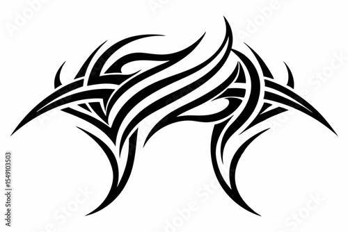 Stylized black tribal tattoo design featuring sharp curves, pointed edges, and an abstract flame-like form. This bold and symmetrical vector graphic is ideal for tattoo templates,