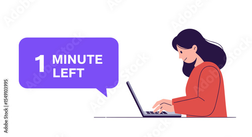 Countdown timer concept with smiling woman typing on laptop design for digital projects vector illustration