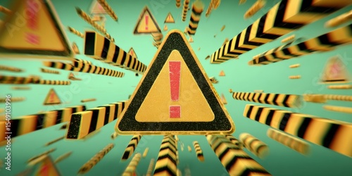 Warning sign with exclamation mark surrounded by hazard stripes and rays of caution
