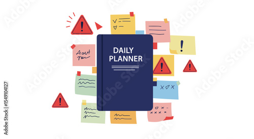 Daily planner with sticky note reminders and caution signs for organizational workflow vector illustration