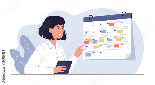 Woman planning busy schedule with digital calendar for work and personal organization vector illustration