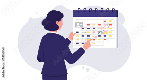 Businesswoman planning schedule on calendar for efficient task management vector illustration