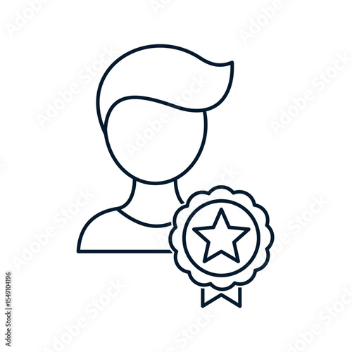 Man, medal. Concept best employee. Vector linear icon isolated on white background.