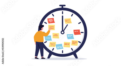 Time management concept with character organizing tasks on giant clock illustration vector illustration