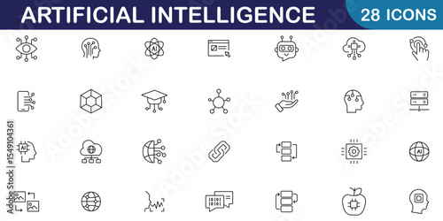 Artificial intelligence line icon set. Included icons as AI, brain, robot, technology, machine learning, deep learning, bot and more. Editable stroke. Vector illustration.