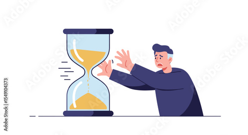 Time running out concept with worried man and hourglass illustration for urgent design projects vector illustration