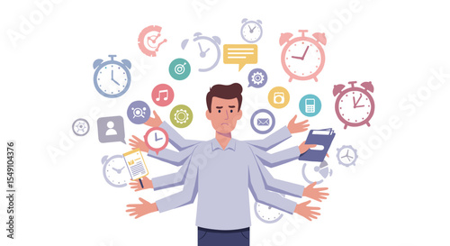 Time management concept with multitasking businessman and clocks for productivity design vector illustration