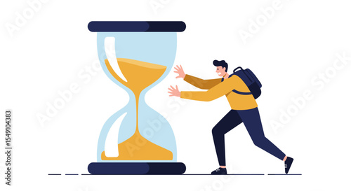 Overcoming time challenge concept with hourglass and determined person vector illustration