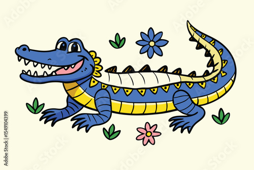 Cartoon style blue crocodile surrounded by flowers and small green leaves, showing its toothy smile