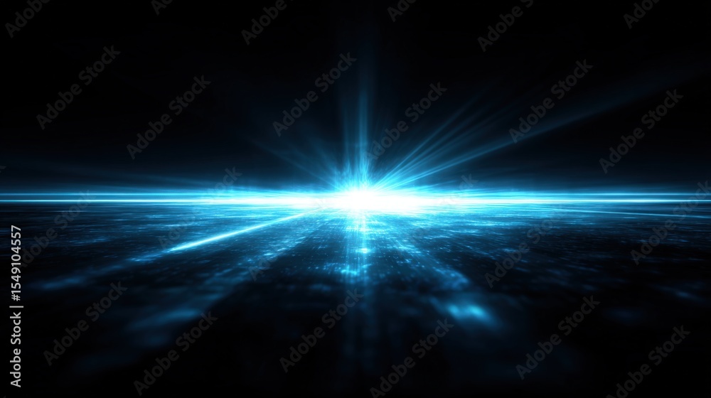 Fototapeta premium Bright Blue Light Burst Over Dark Night Sky with Radiating Beams and Reflection