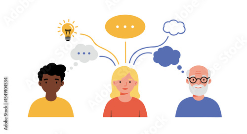 Diverse group brainstorming concept with thought bubbles for creative collaboration vector illustration