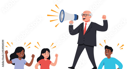 Enthusiastic leader with megaphone inspiring diverse team for motivation and communication concept vector illustration