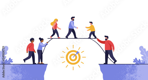 Collaboration and teamwork concept with people bridging a gap to achieve goals vector illustration