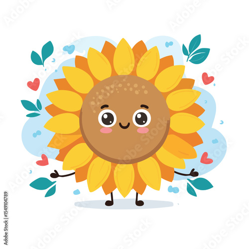 Sunflower in cute cartoon character style with expressive face and limbs.